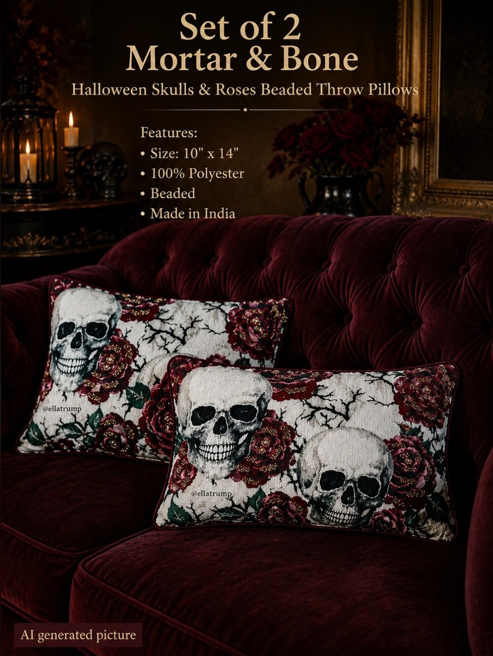 2 - Mortar & Bone Halloween Skulls & Roses Beaded Throw Pillows